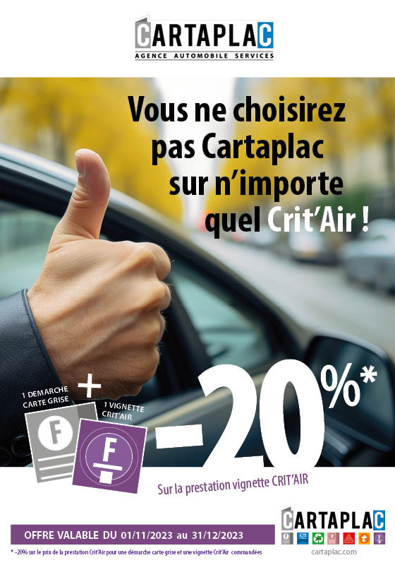 20% de remise sur la prestation d'une vignette Crit'Air pour une vignette Crit'Air et une démarche carte grise commandées