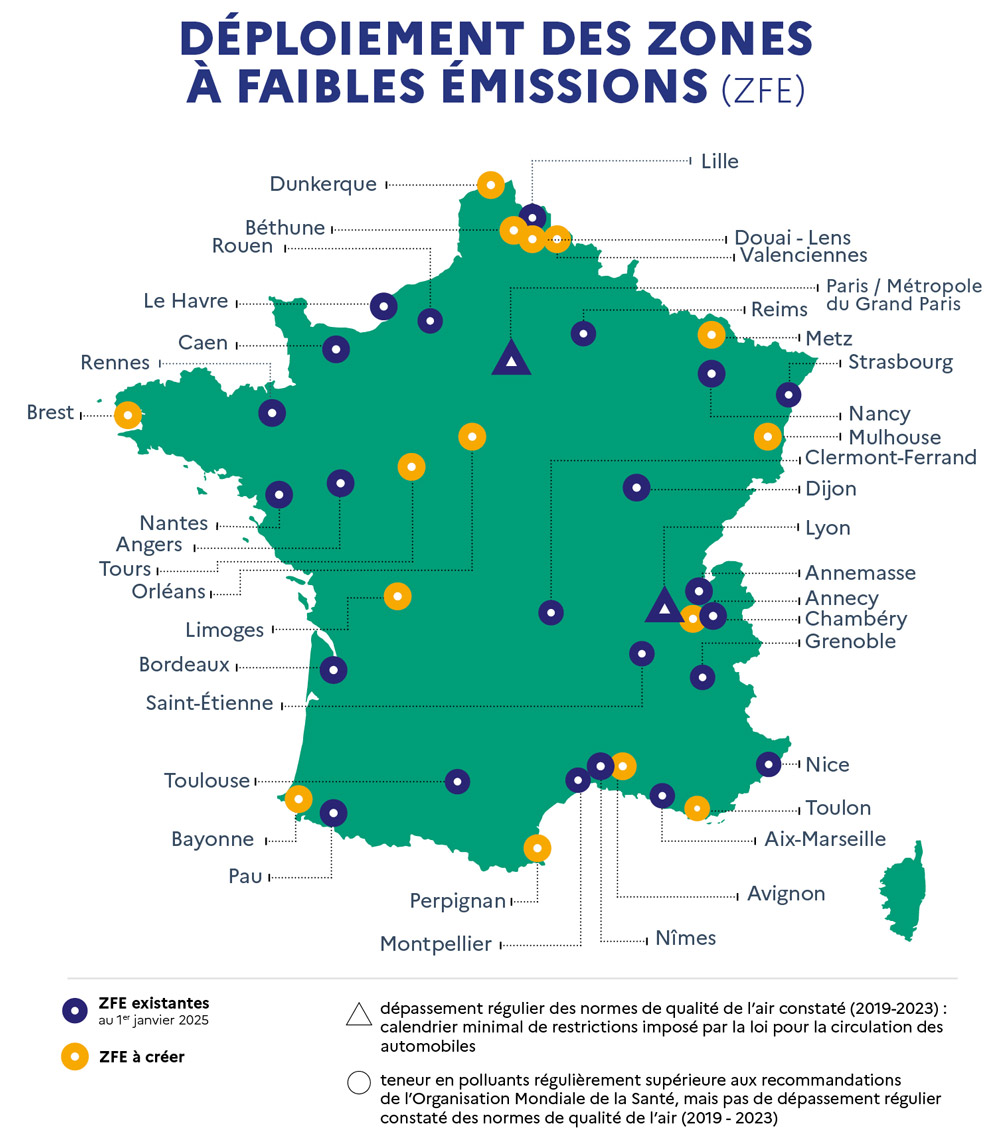 Zones concernées en France par la viognette Crit'Air