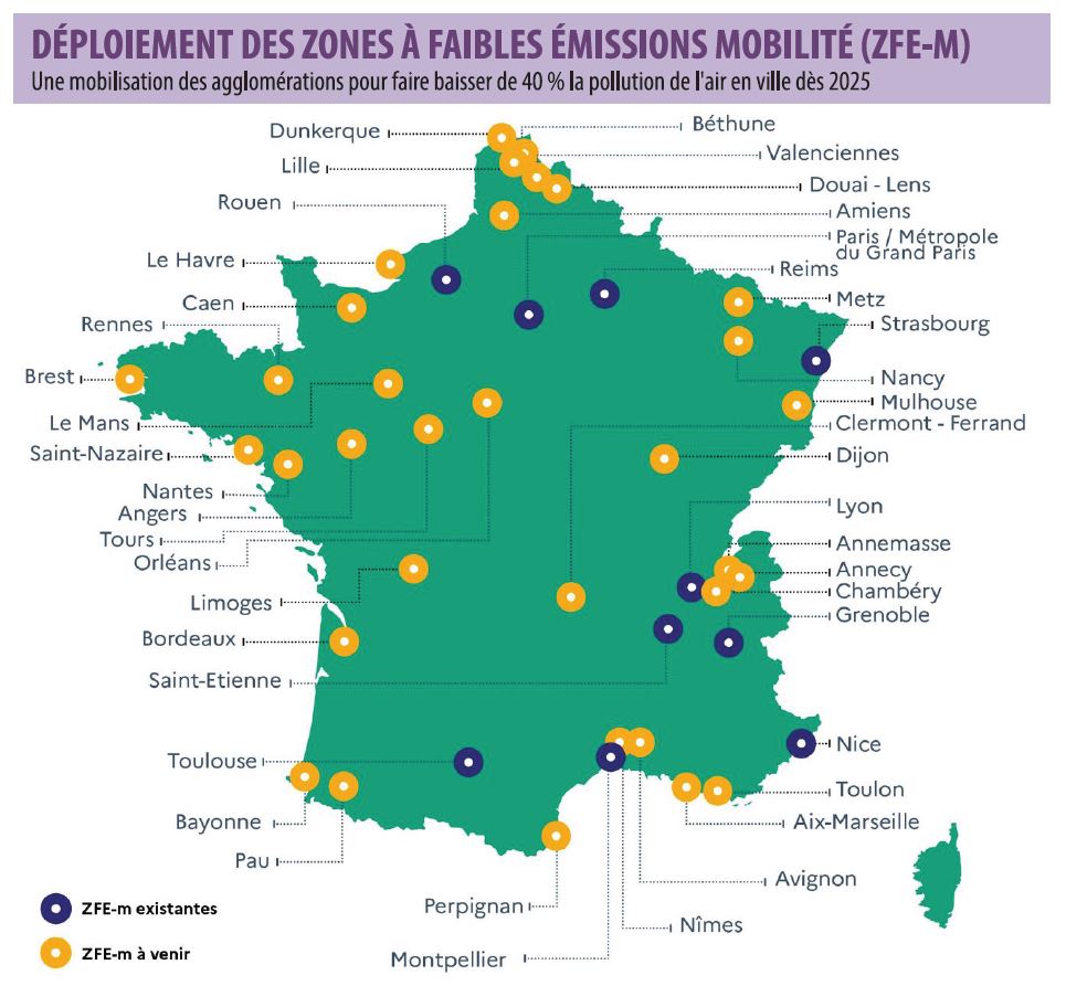 Zones concernées en France par la viognette Crit'Air